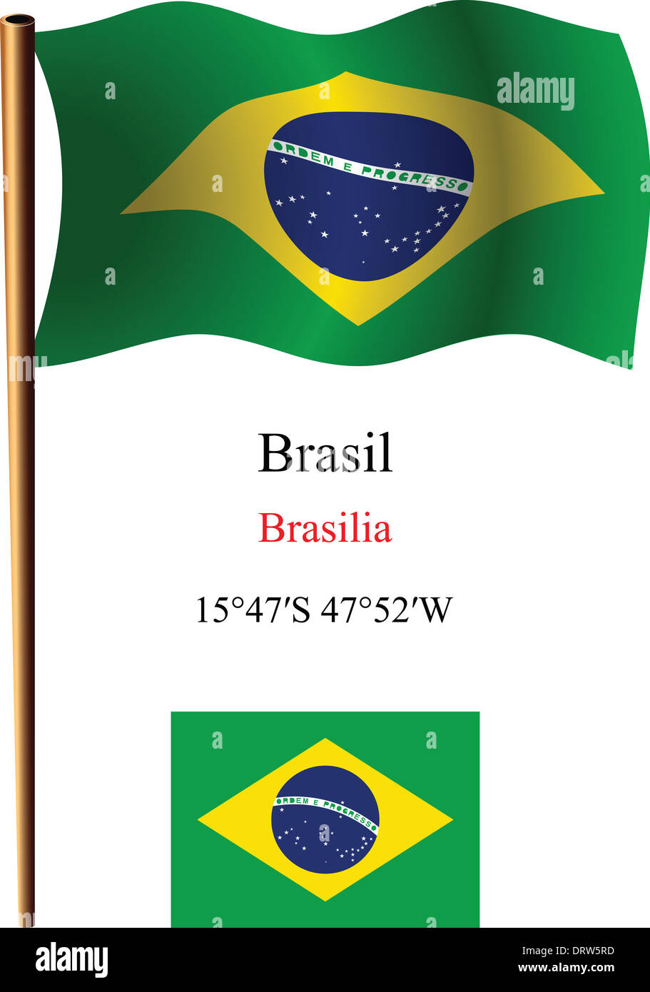 brasil wavy flag and coordinates against white background, vector art illustration, image contains transparency Stock Photo