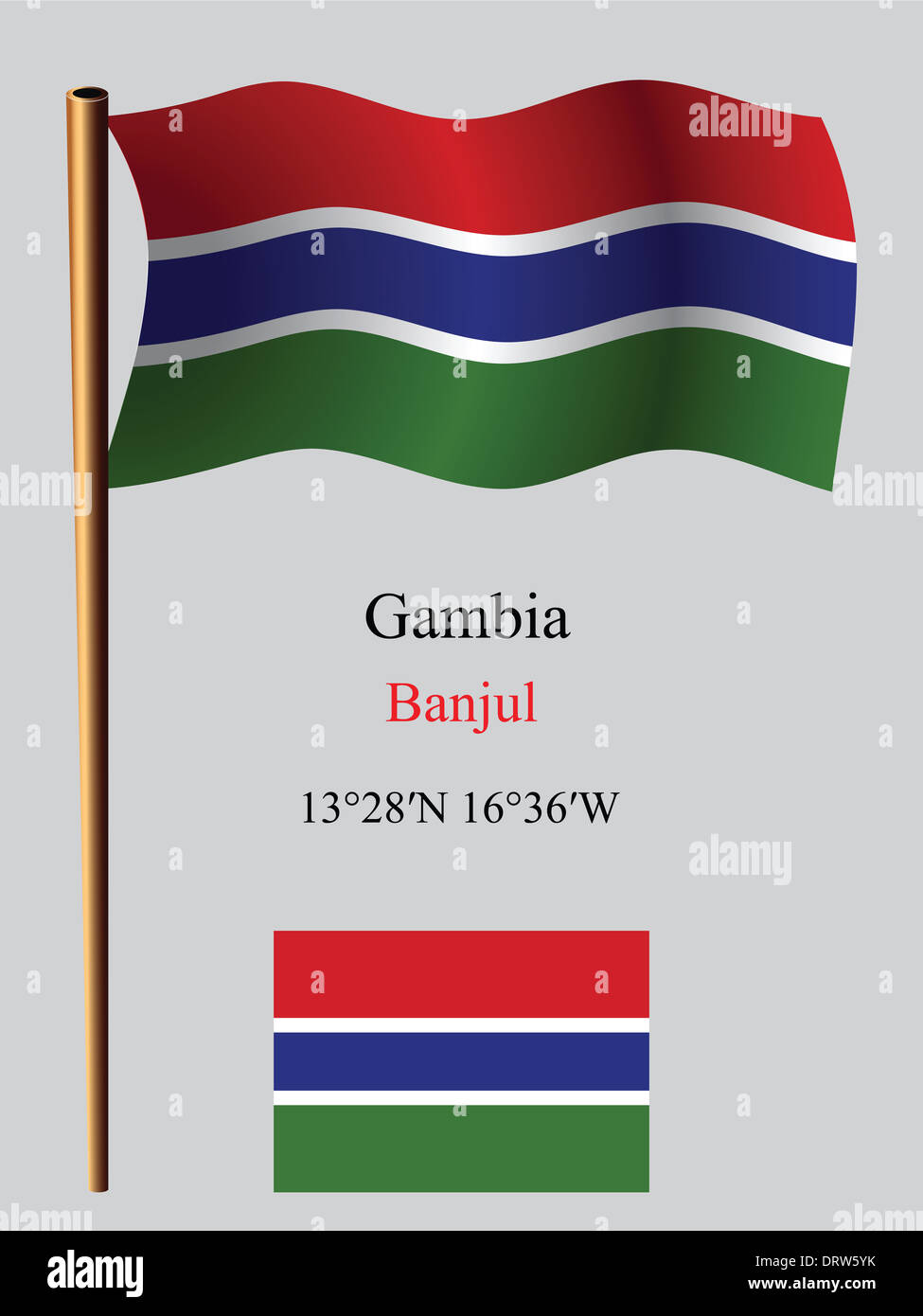 gambia wavy flag and coordinates against gray background, vector art illustration, image contains transparency Stock Photo