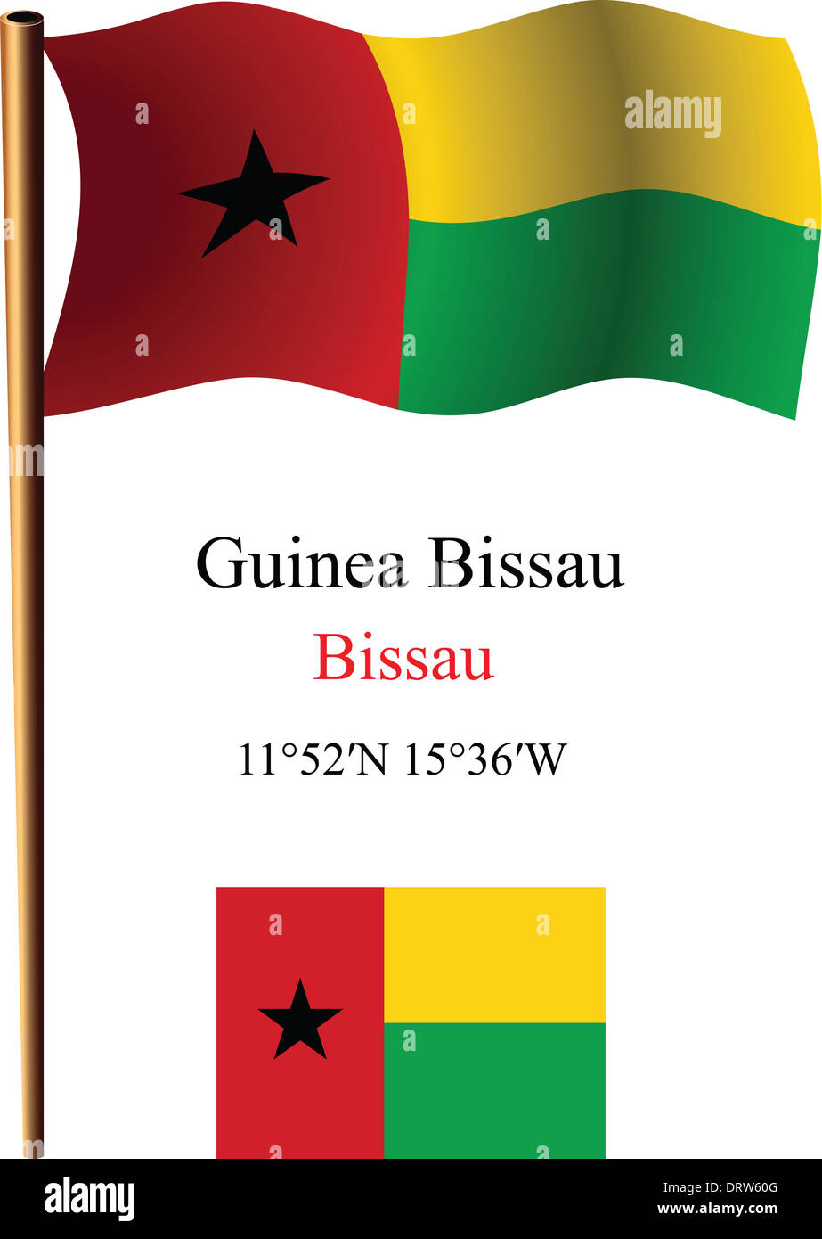 guinea bissau wavy flag and coordinates against white background, vector art illustration, image contains transparency Stock Photo