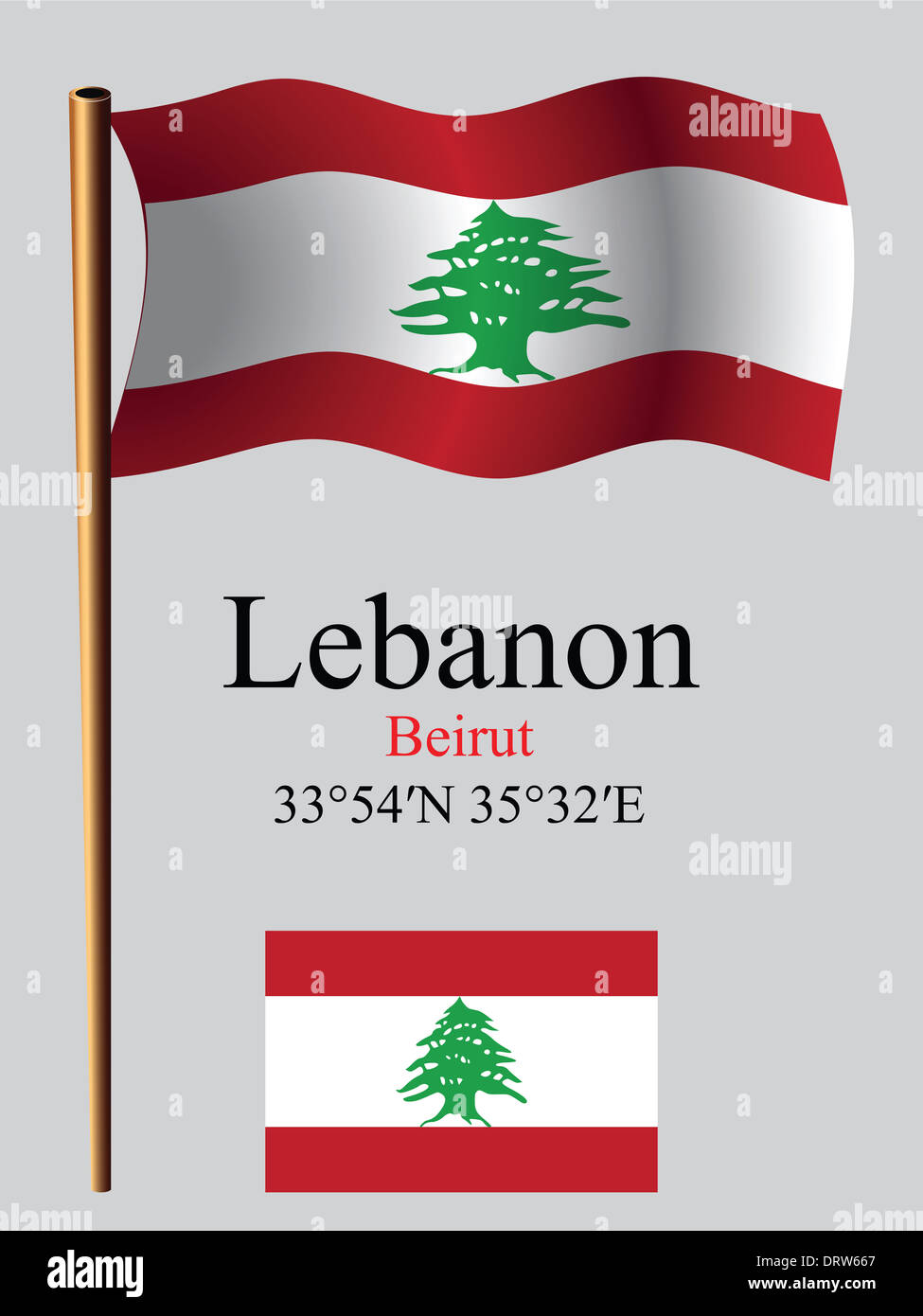 lebanon wavy flag and coordinates against gray background, vector art illustration, image contains transparency Stock Photo