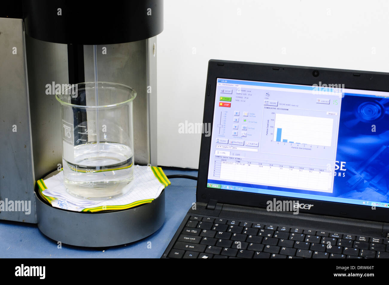 Integrated syringe liquid sampler and optical particle counting system with software interface. Stock Photo