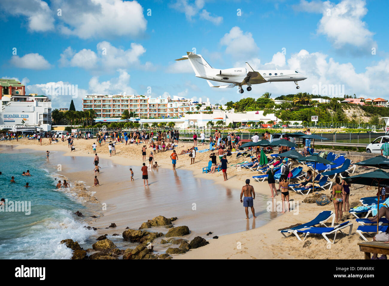 Maho Beach in Sint Maarten Island. Stock Photo