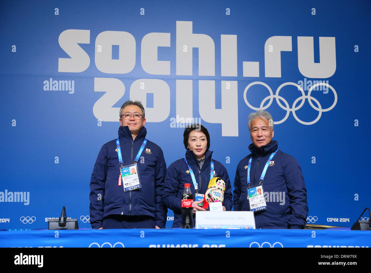 Sochi, Russia. 2nd Feb 2014. (L to R) Hidehito Ito, Seiko Hashimoto, Toshimasa Furukawa (JPN), FEBRUARY 2, 2014 : Team Welcome Ceremony for the Japanese delegation during the Sochi 2014 Olympic Winter Games at MPC Tolstoy Hall, in Sochi, Russia. Credit:  YUTAKA/AFLO SPORT/Alamy Live News Stock Photo