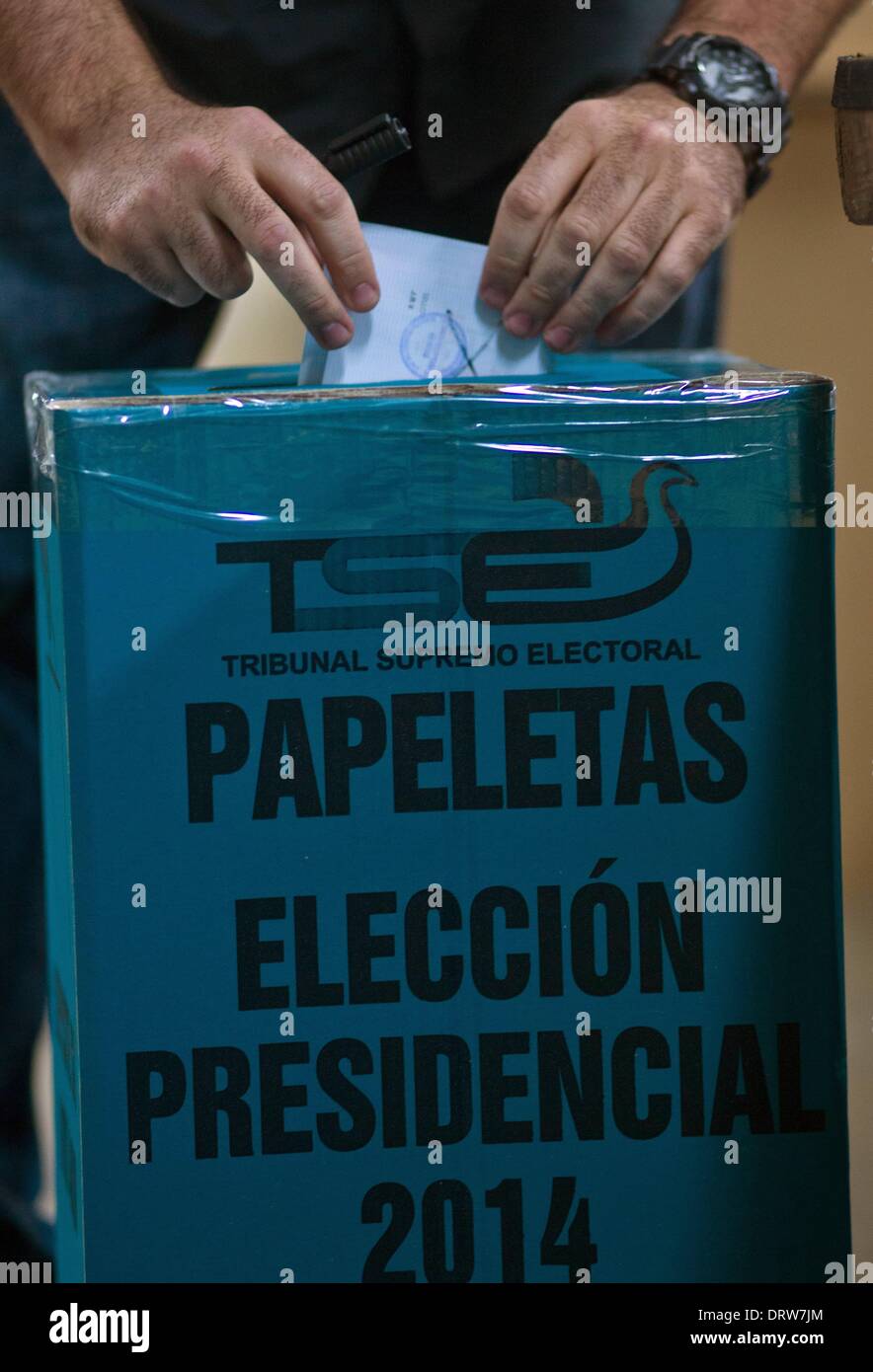 San Salvador, Feb. 2. 1st June, 2014. A citizen casts his ballot during the presidential elections at the Conventions Center, in San Salvador, capital of El Salvador, on Feb. 2, 2014. Salvadorans are going to the polls on Sunday to elect a president and vice president for the next five-year term beginning June 1, 2014. © David de la Paz/Xinhua/Alamy Live News Stock Photo
