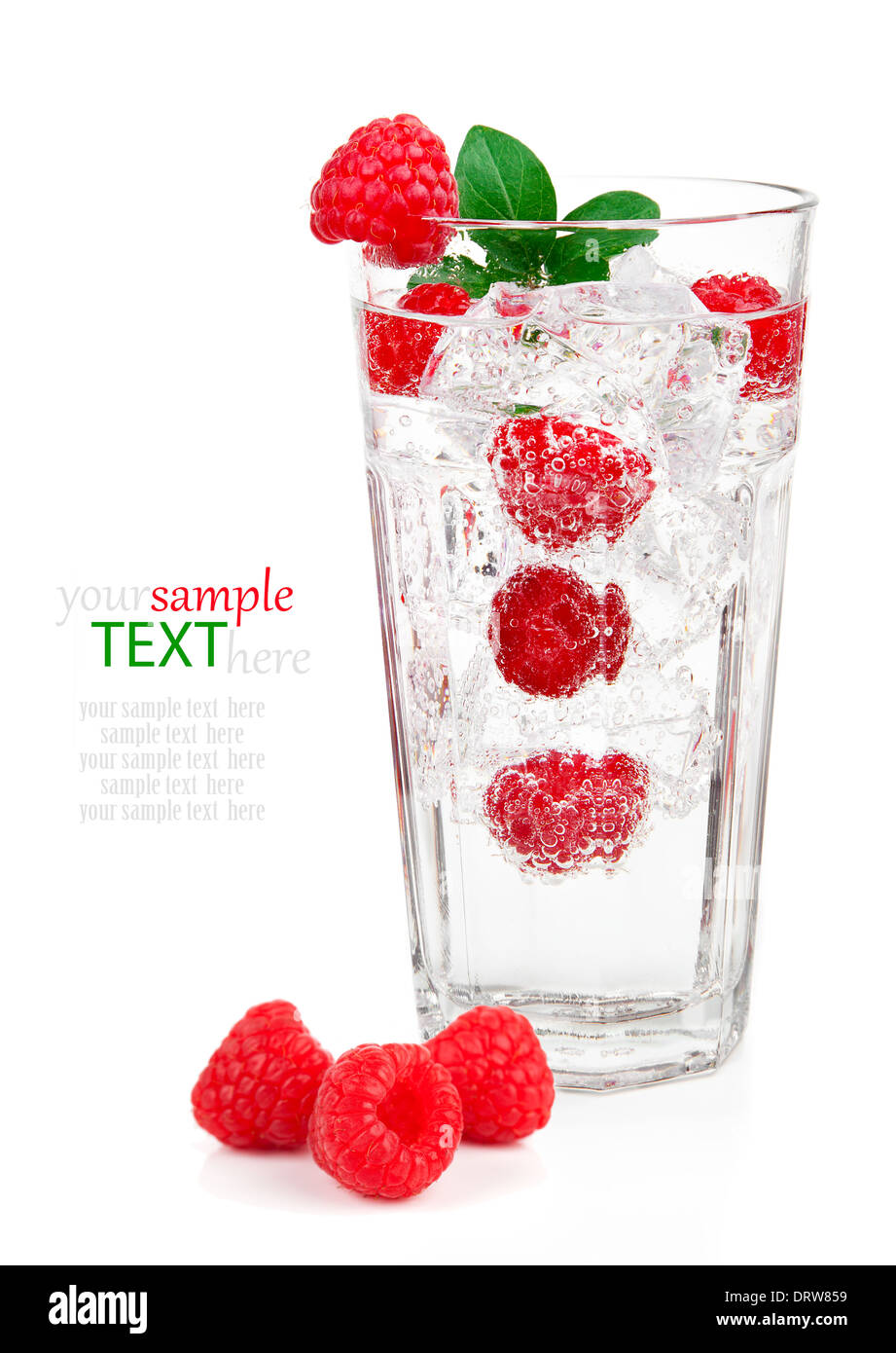 fresh cold drink water ice cubes raspberry, isolated on white background. Stock Photo