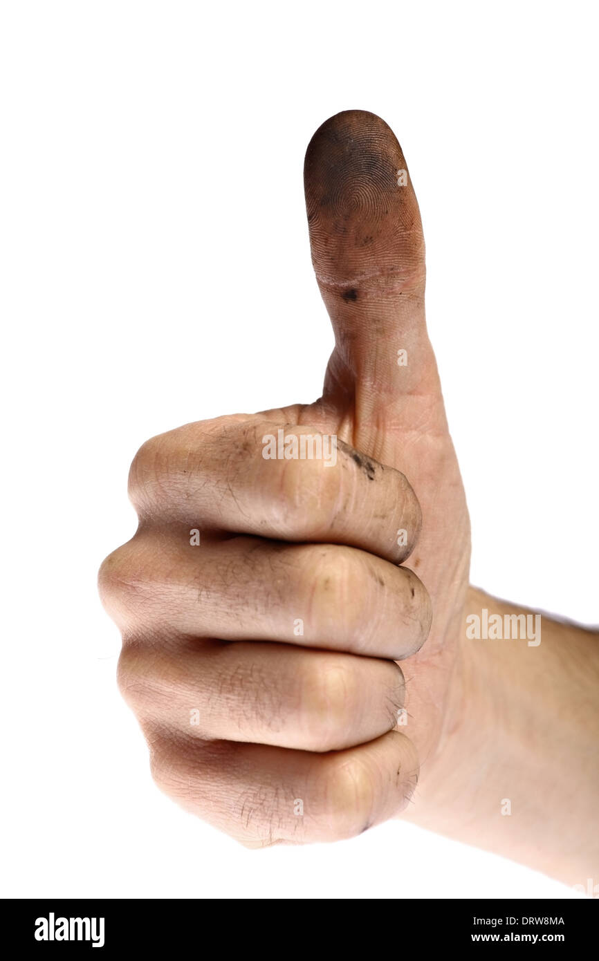 Dirty hand of a man with thumbs up resembling like symbol Stock Photo