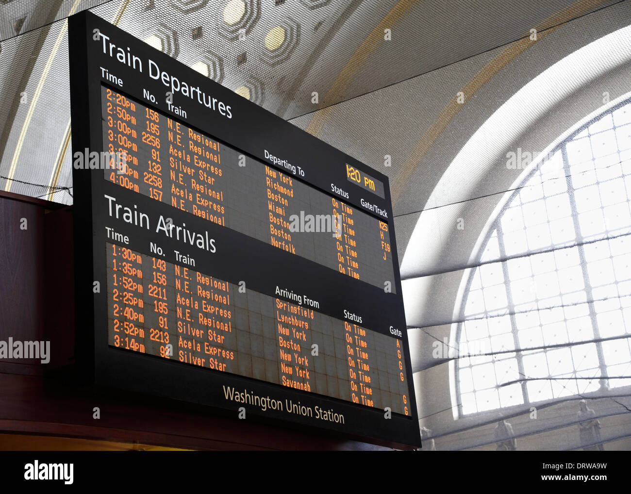 Train departure and arriving board at Union station in Washington DC. Stock Photo