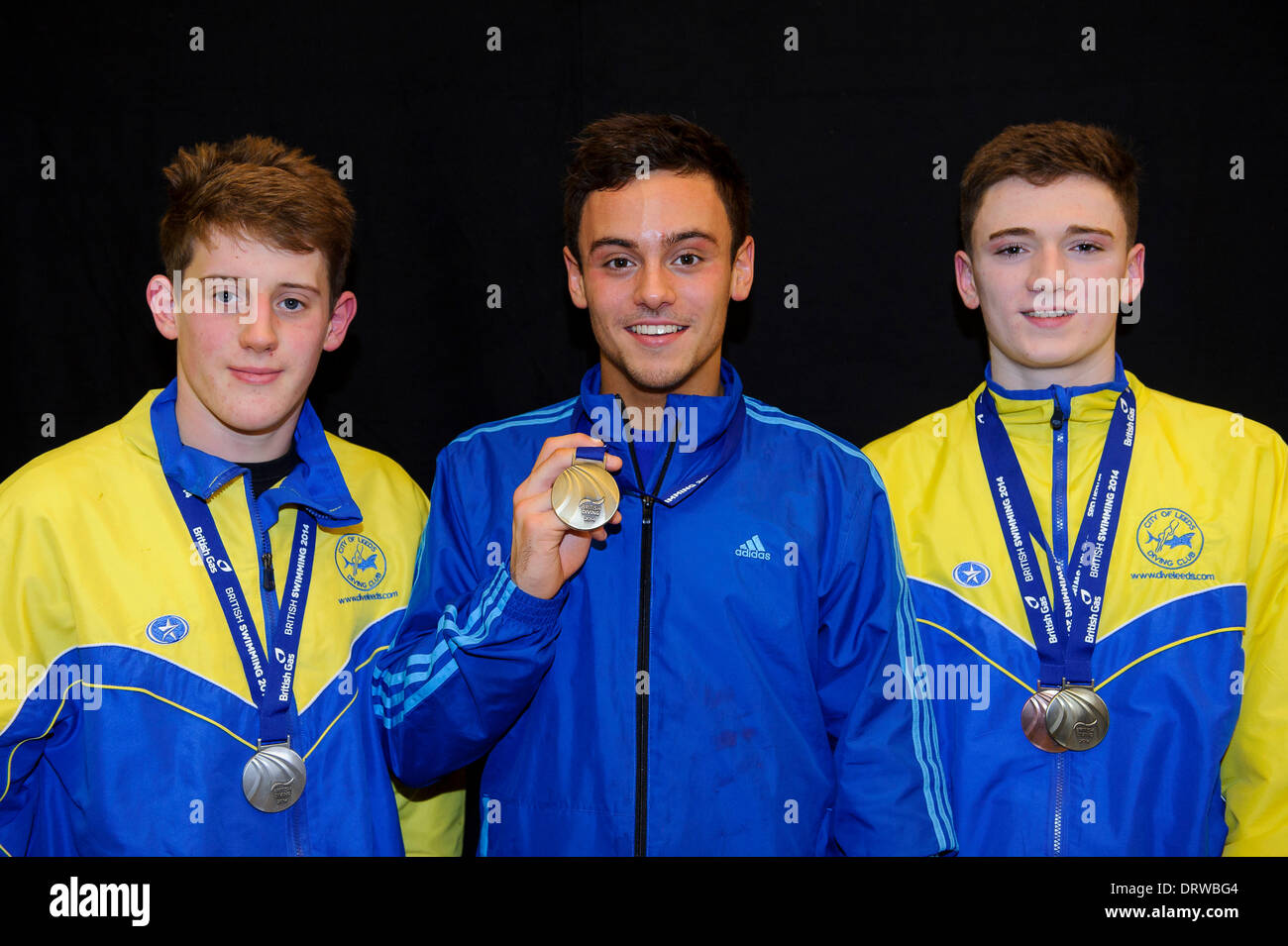 The medallists from the Mens 10m Final, L-R James Denny of City of Leeds Diving Club (Silver), Tom Daley of Plymouth Diving (Gold) and Matty Lee of City of Leeds Diving Club (Bronze), pose - Photo mandatory by-line: Rogan Thomson/JMP - 07966 386802 - 02/02/2014 - SPORT - DIVING - Southend Swimming and Diving Centre, Southend-on-Sea - British Gas Diving National Cup 2014 Day 3. Stock Photo