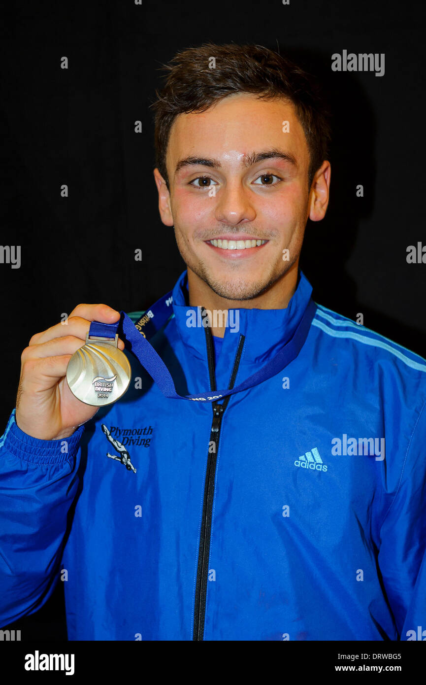 Southend-on-Sea, UK. 02nd Feb, 2014. 02.02.2014 Southend-on-Sea, England. Tom Daley of Plymouth Diving poses with his Gold winners medal from the Mens 10m Platform Final on Day 3 of the British Gas Diving National Cup 2014 from Southend Swimming &amp; Diving Centre. Credit:  Action Plus Sports/Alamy Live News Stock Photo