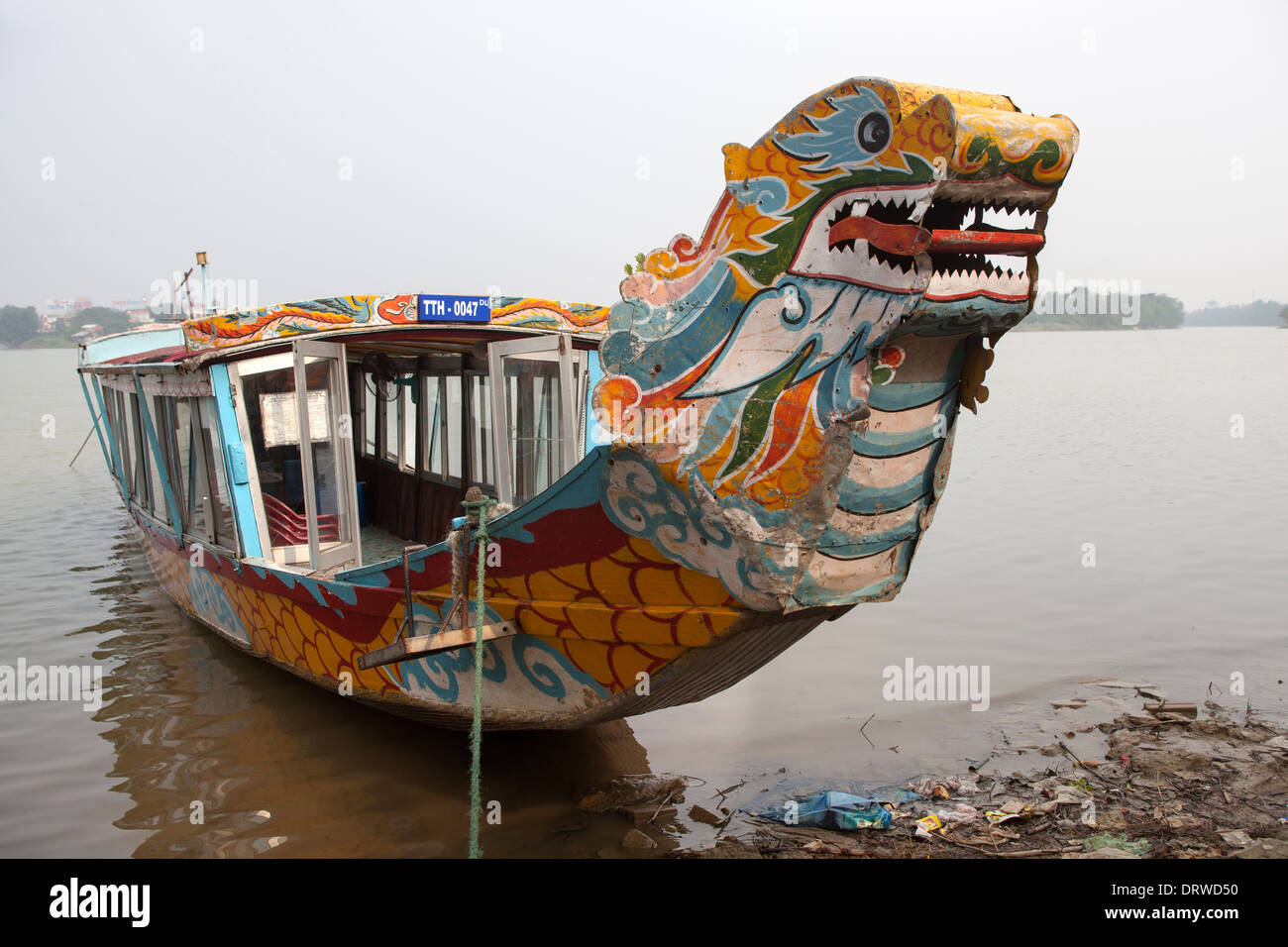 Dragon Tour Boat on edge of the Perfume river at Hue Vietnam Stock Photo