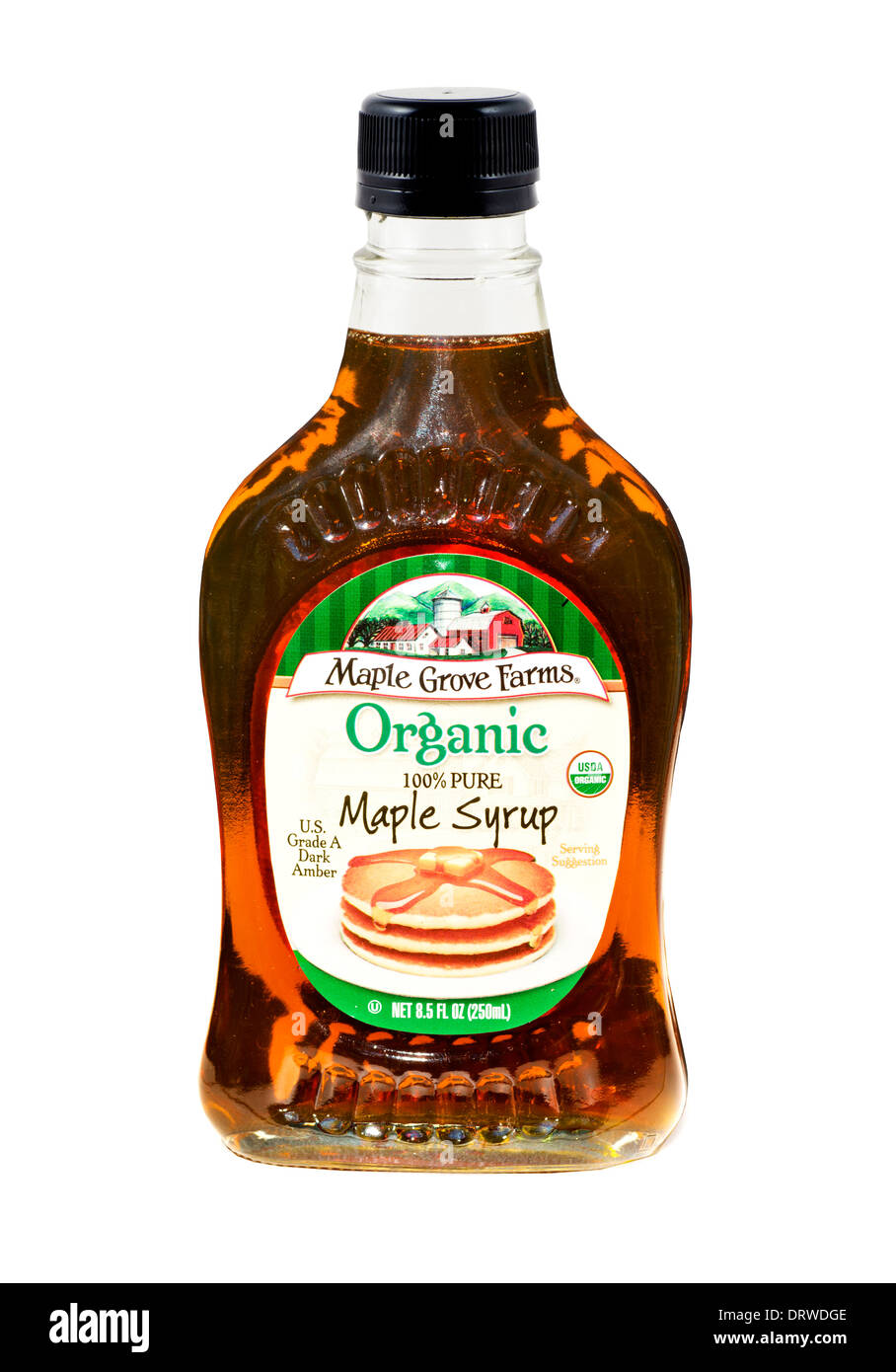 Bottle of Maple Grove Farms 100% Organic Maple Syrup, USA Stock Photo