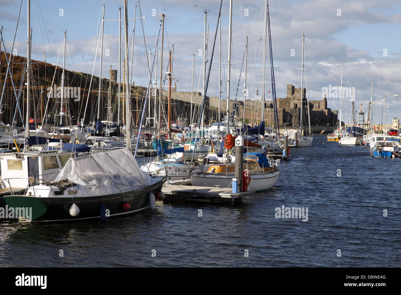 YACHTS IN HARBOUR & CASTLE PEEL ISLE OF MAN 10 October 2013 Stock Photo