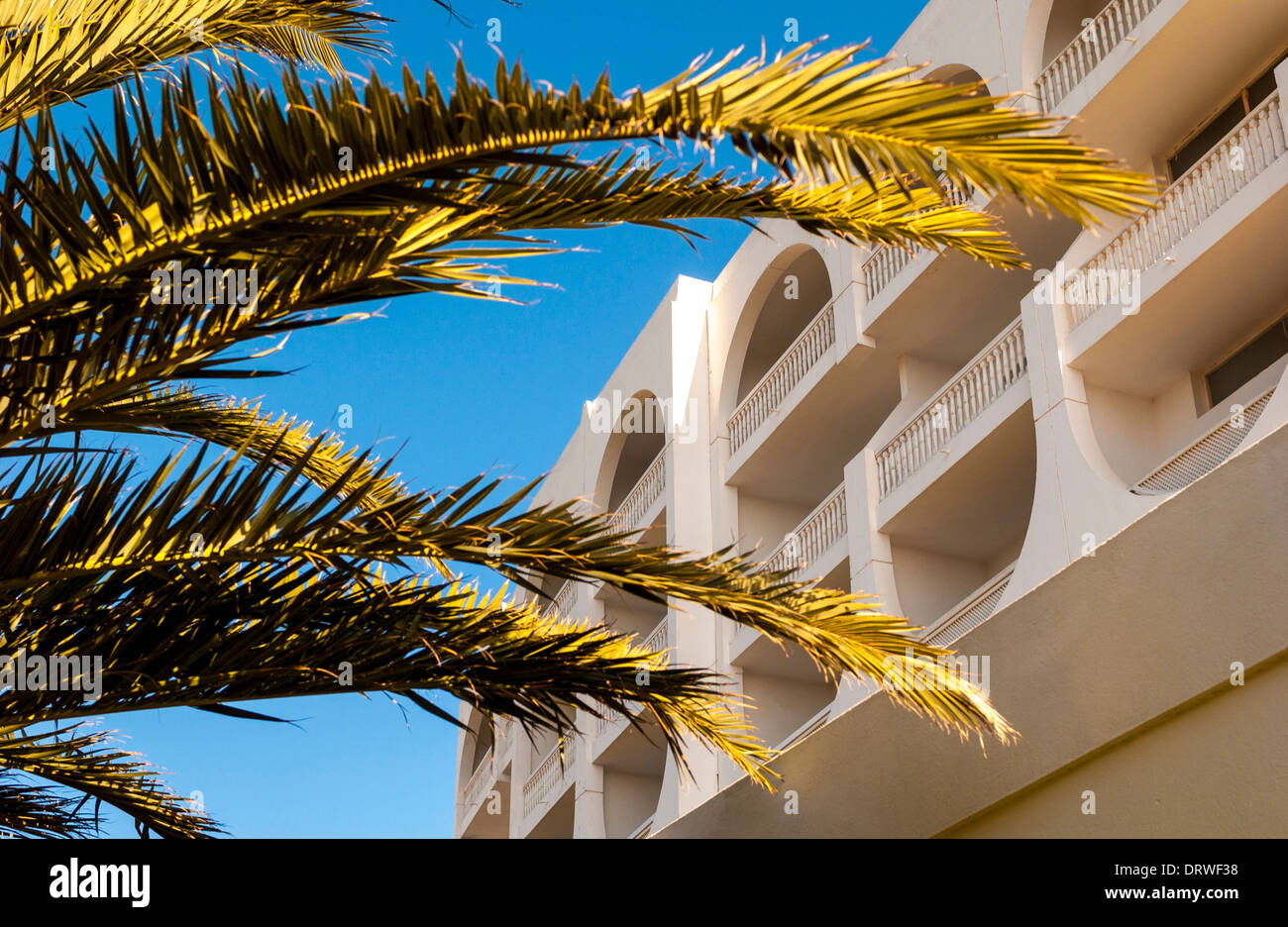 White hotel and apartment buildings at holiday destination Stock Photo
