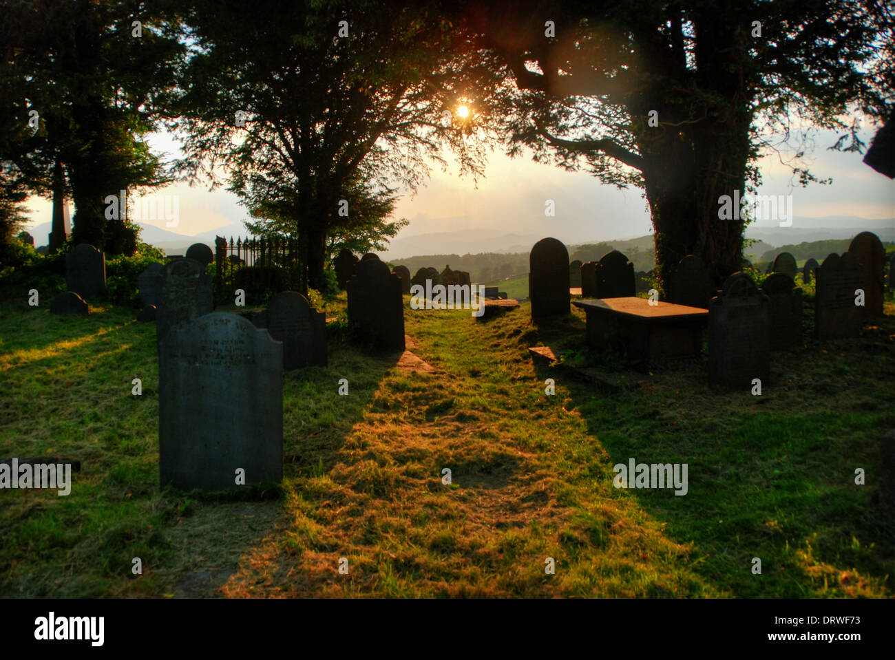 Evening light through a graveyard in North Wales Stock Photo
