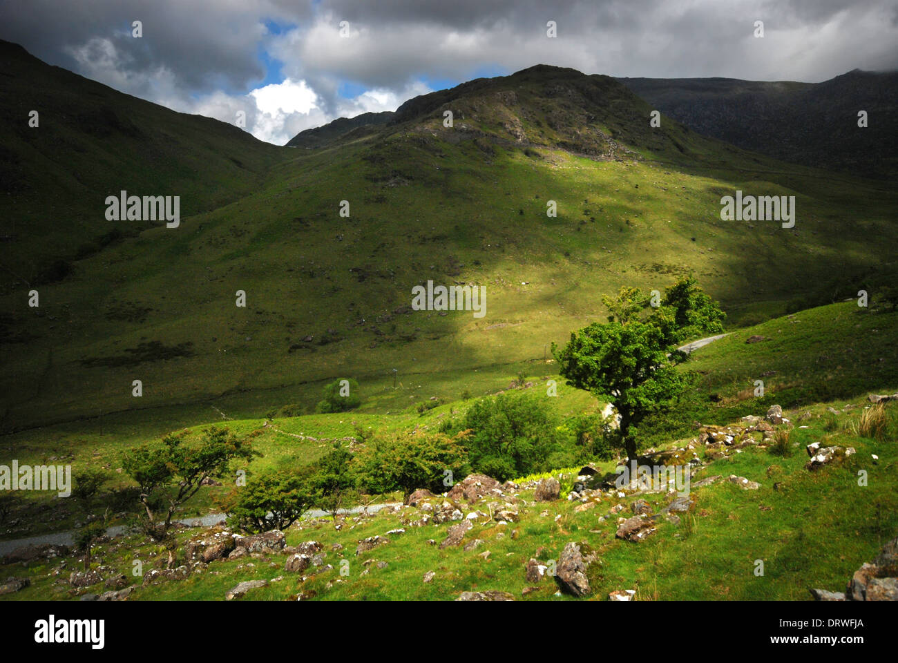 Passing shadows over the Snowdonia Mountain Range, North Wales Stock Photo