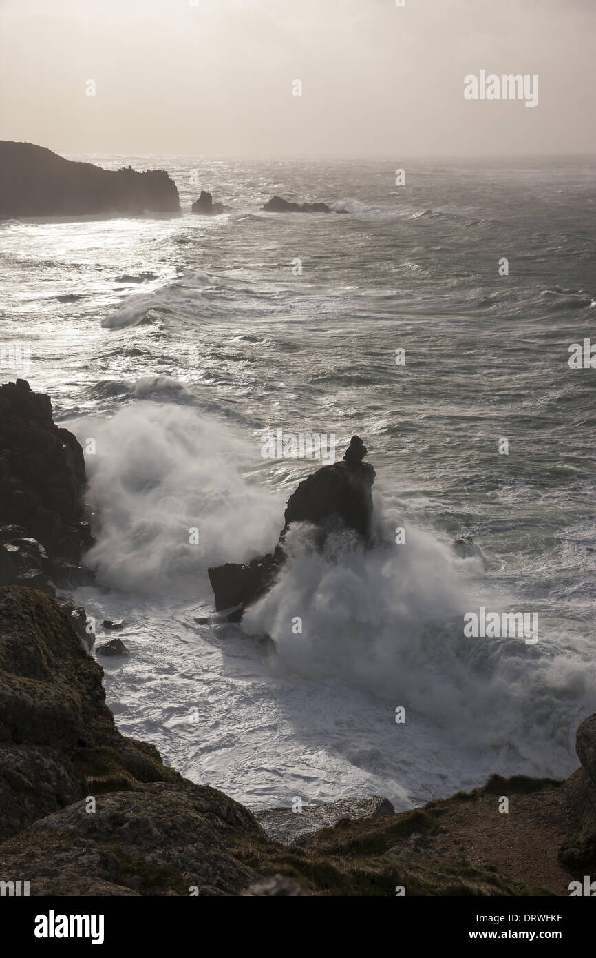 South West Coast Path, Lands End, UK. 1st Feb, 2014. Waves batter in to the coast at Lands End, Cornwall. Credit:  Barry Bateman/Alamy Live News Stock Photo