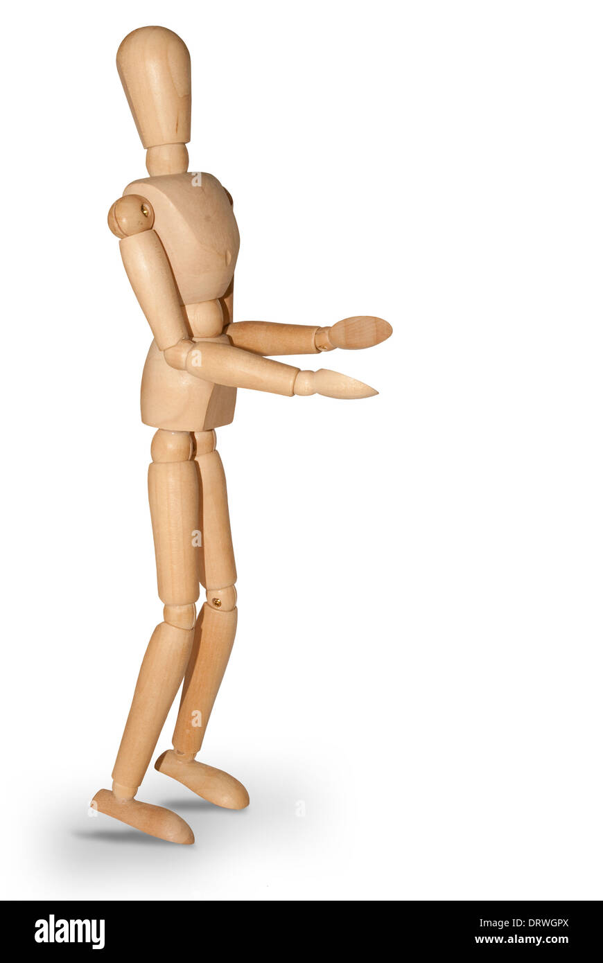 Articulated wooden mannequin with arms outstretched and jumping Stock