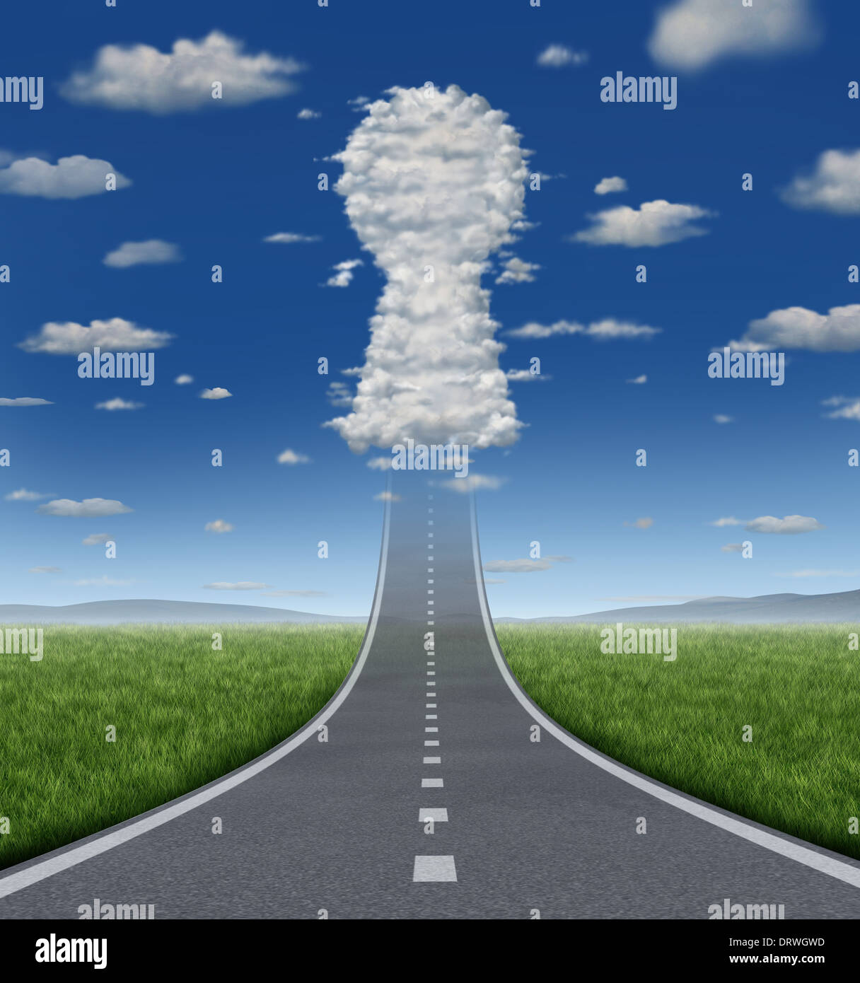 Key to growing success concept with a road or highway going forward fading into the sky with a group of clouds shaped as a keyhole icon as a business symbol for solutions and aspirations. Stock Photo