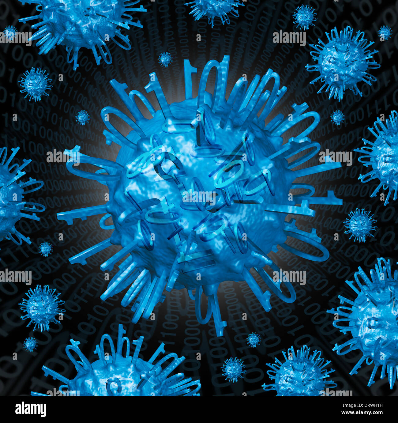Viral marketing internet communication concept with a virus cell made of binary code with ones and zeros as a social media technology symbol for web buzz. Stock Photo