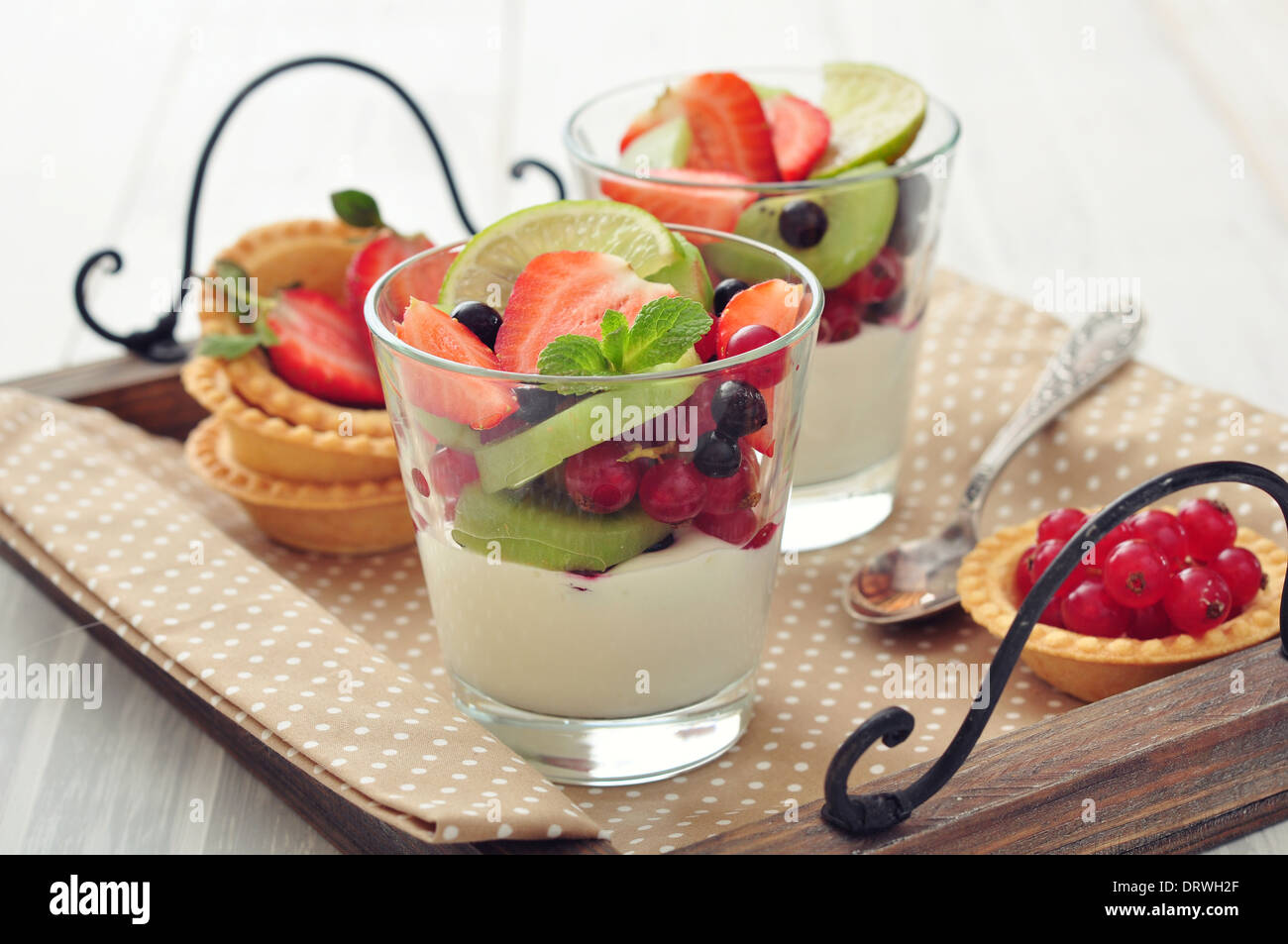 Dessert with yogurt and fresh berries in glass closeup Stock Photo