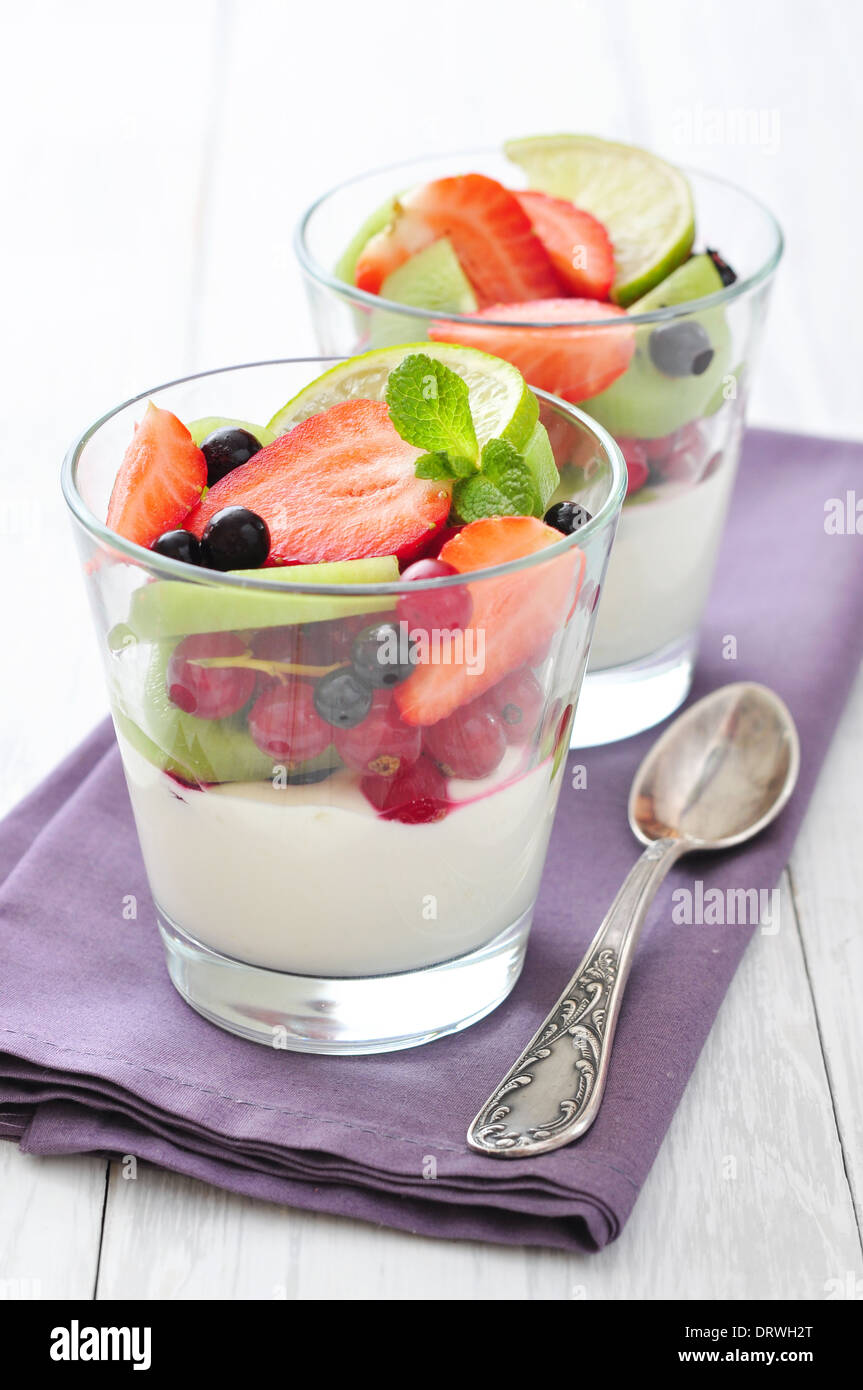 Dessert with yogurt and fresh berries in glass closeup Stock Photo