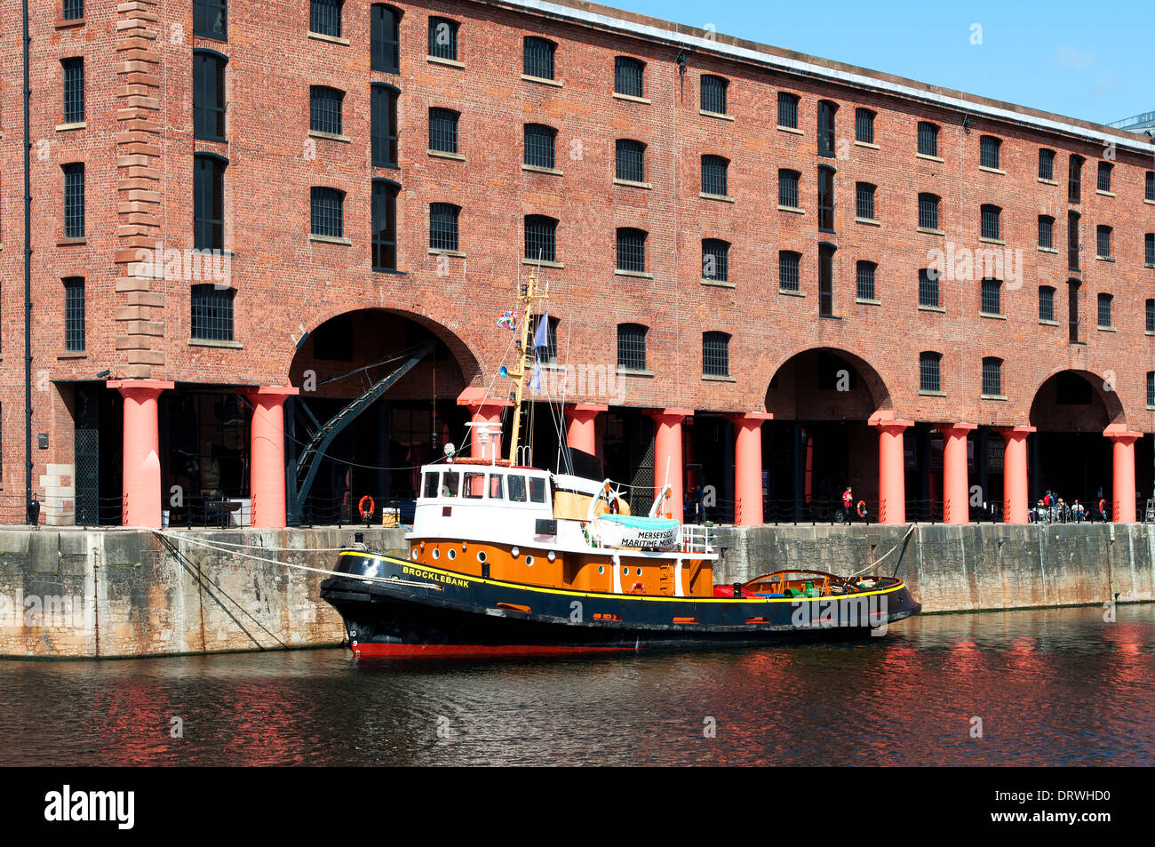 A pilot boat moored in the inner dock at the restored Albert Docks in Liverpool, Uk Stock Photo