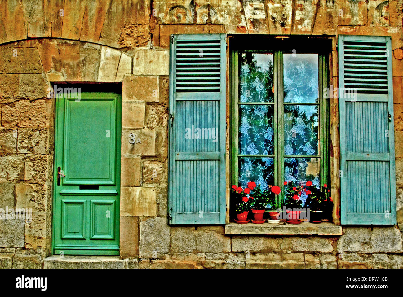 House Blue Shutters Red Geraniums Stock Photos House Blue