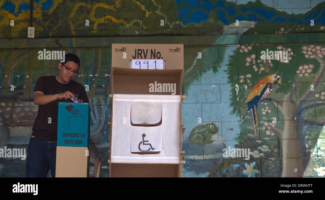San Salvador, Feb. 2. 1st June, 2014. A citizen casts his ballot during the presidential elections, in Mejicanos sector, in San Salvador, capital of El Salvador, on Feb. 2, 2014. Salvadorans are going to the polls on Sunday to elect a president and vice president for the next five-year term beginning June 1, 2014. © David de la Paz/Xinhua/Alamy Live News Stock Photo