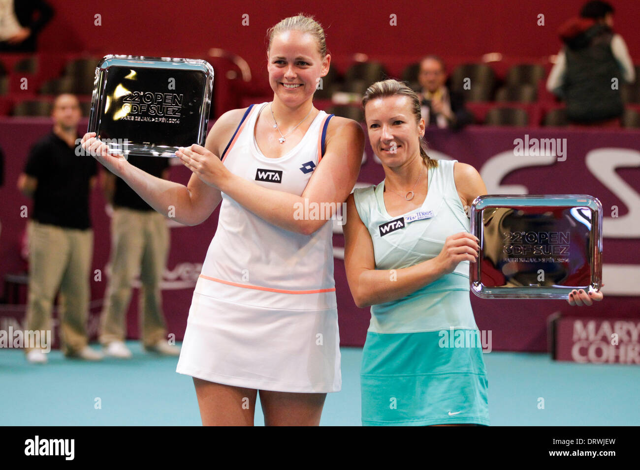 Paris, France. 02nd Feb, 2014. GDF Suez Tennis Championships, Ladies doubles final. Mladenovic and Babos versus Groenefeld and Peschke. Anna Lena Groenefeld (ALL) - Kveta Peschke ( CZE ) with their winners trophies Credit:  Action Plus Sports/Alamy Live News Stock Photo