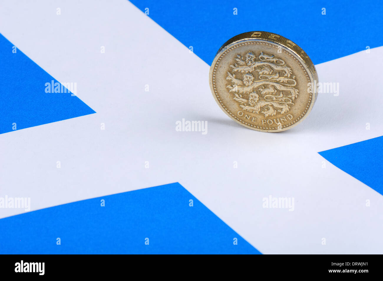 English (English) pound coin on Scottish flag concept Stock Photo