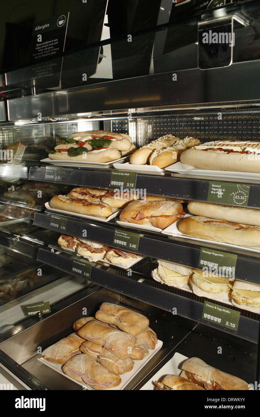 fresh sandwich display in Cafe Living, inside ASDA Living, Chesterfield, Derbyshire, UK Stock Photo