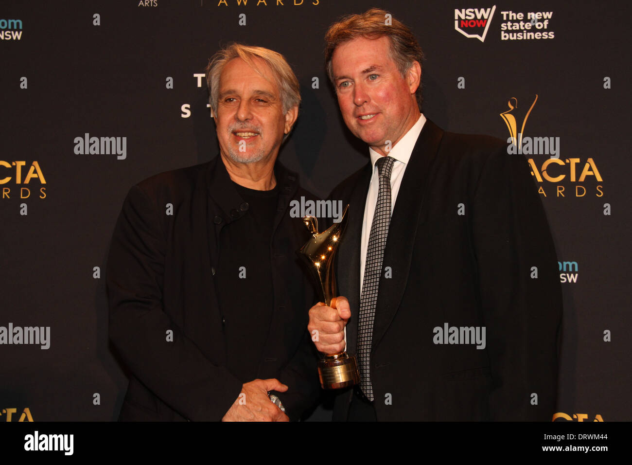 David Roach (L) and Warwick Ross (R) with their AACTA Award for Best Feature Length Documentary: Red Obsession. Stock Photo
