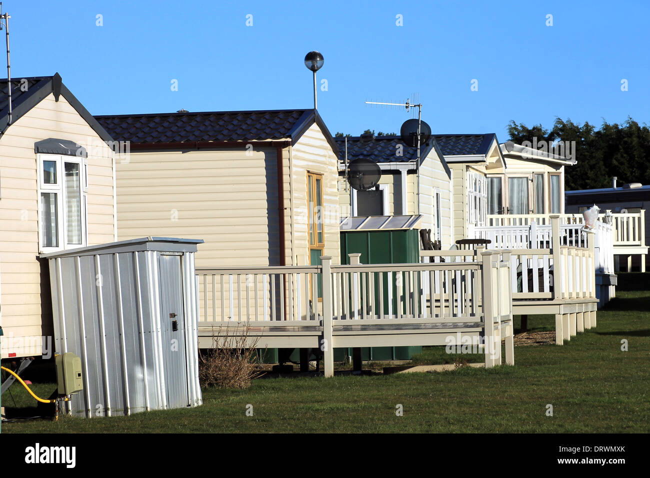 Row of static trailers in caravan park, Scarborough, England. Stock Photo