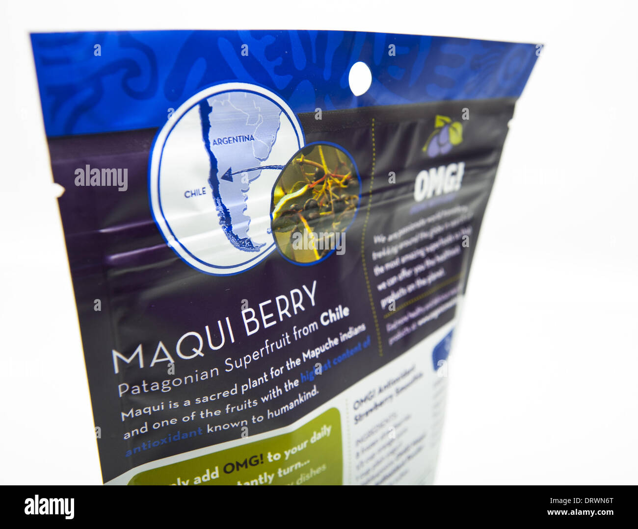 Jan. 31, 2014 - Chilean Patagoinia, Araucania/Chilean Patagoinia, CHILE - A bag of 5.5 ounce or 156 grams of Maqui powder produced by Organic Meets Good, (OMG) sells in stores for around $20 US dollars and is used as a dietary supplement in beverages like smoothies and juices as a regular food or in weight loss systems.------The Maqui berry is a native of southern Chile (Aristotelia Chilensis), similar in color, shape and size to the common blueberry. The Maqui berry was used originally by the Mapuche indigenous people of southern Chile as a food supplement as well as a dye to color wool for Stock Photo