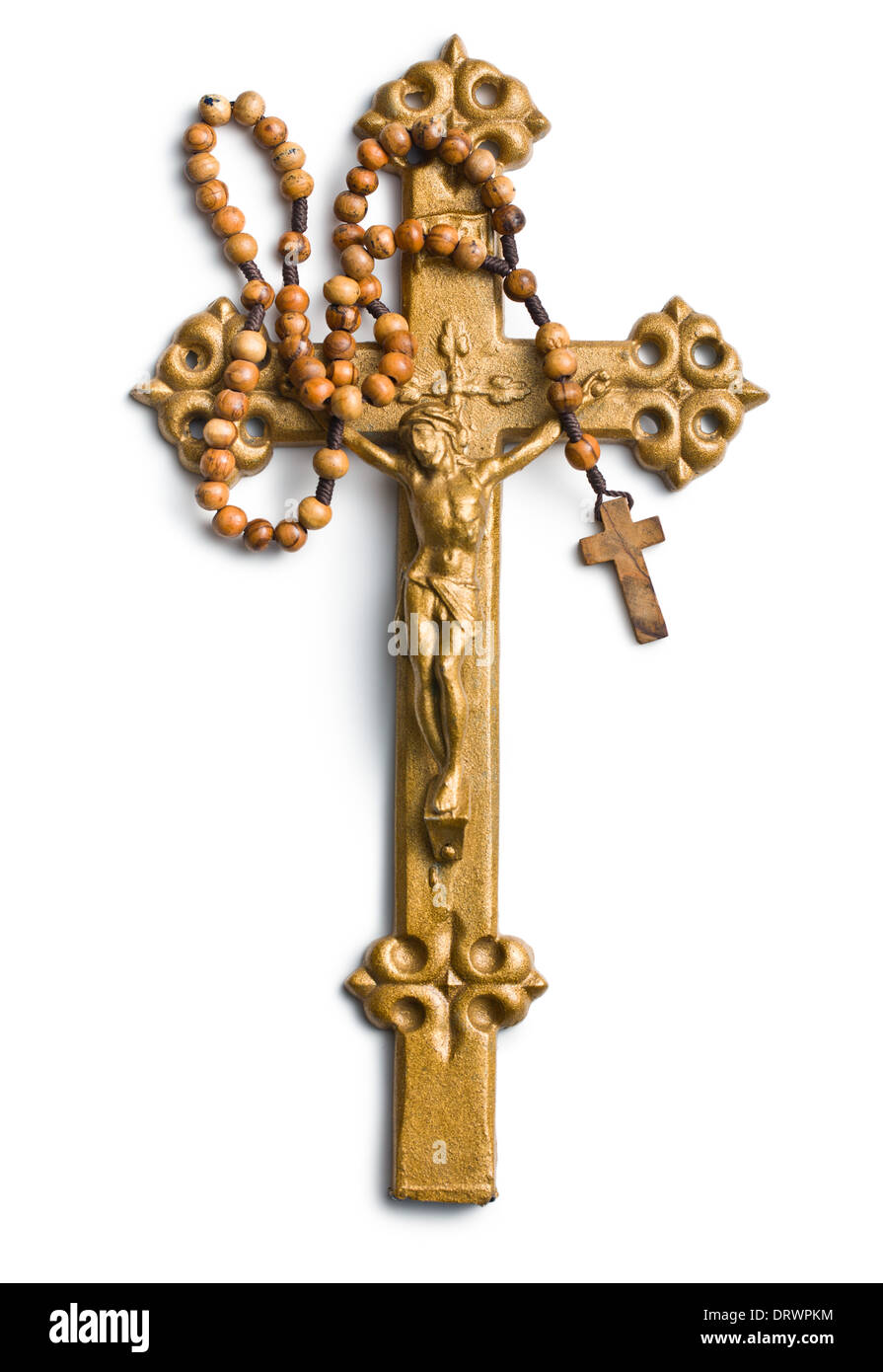top view of cross with Jesus and rosary on white background Stock Photo