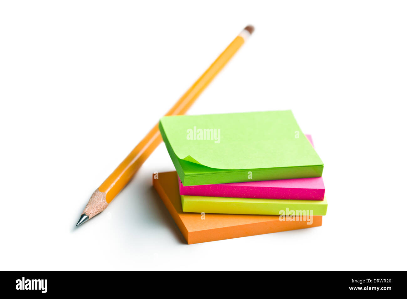 sticky notes with pencil on white background Stock Photo