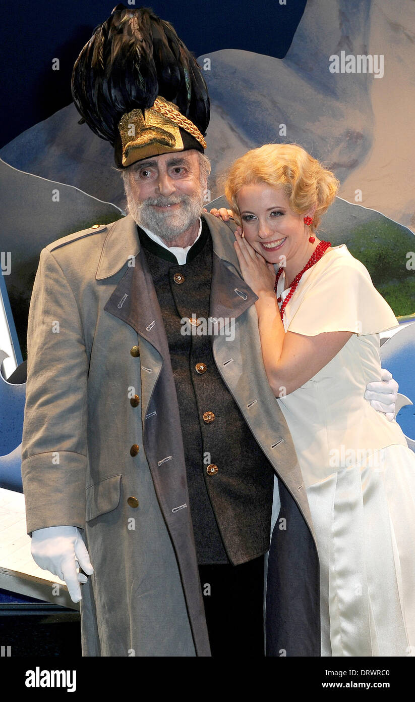 FILE - A file picture dated 11 October 2012 shows Austrian-born Swiss actor Maximilian Schell (L) as Kaiser (Emperor) and partner Iva Mihanovic (R) as Ottilie on stage after the premiere of the play 'The White Horse Inn' (Im Weissen Roessl) at the Deutsches Theater in Munich, Germany. According to media reports, Schell has died at the age of 83 in a hospital in Innsbruck, Austria, on 01 February 2014. Photo: URSULA DUEREN/dpa Stock Photo