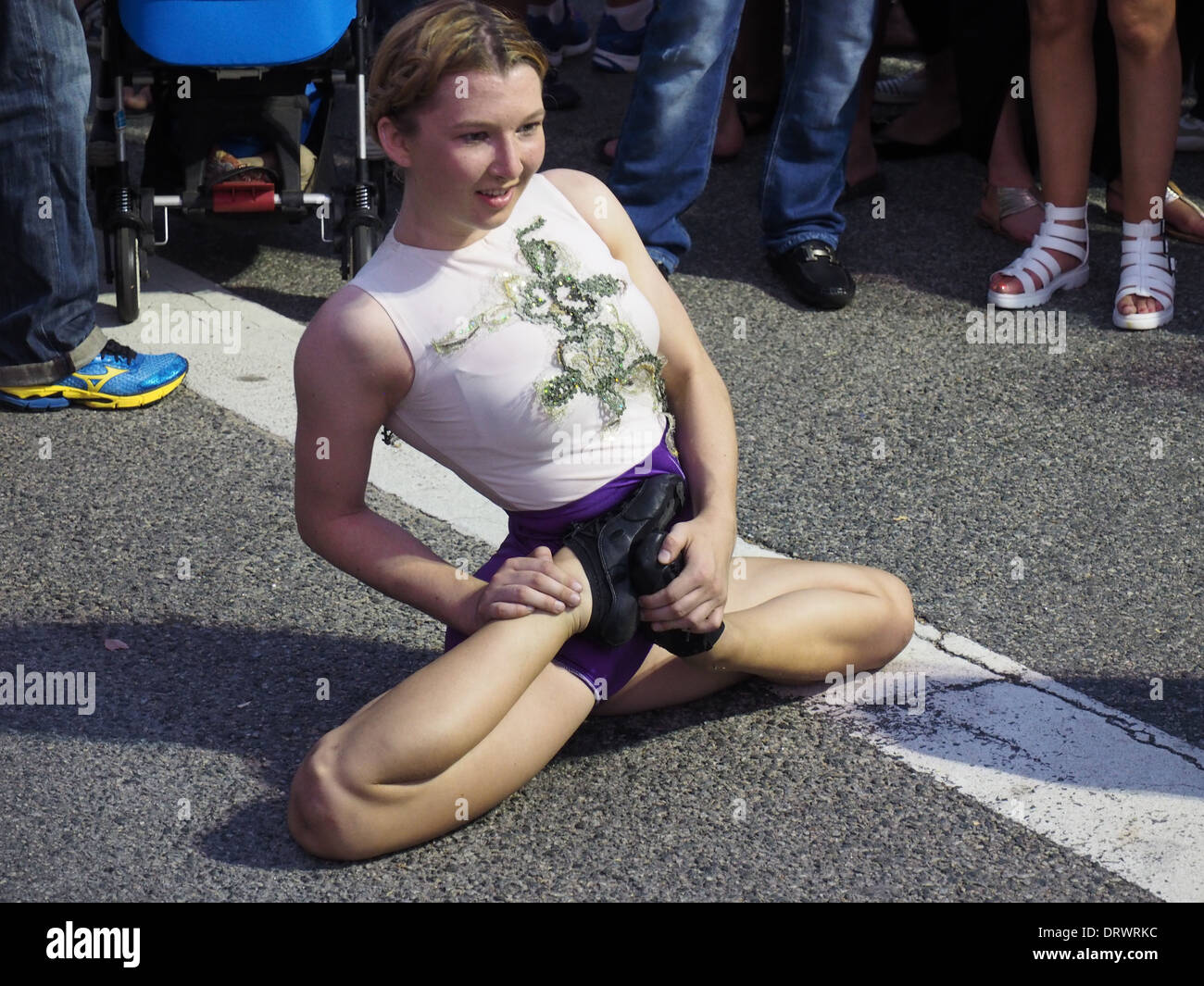 Young lady  gymnast doing splits and double jointed at Beaufort Street Festival Mount Lawley Perth Western Australia 2013, Stock Photo