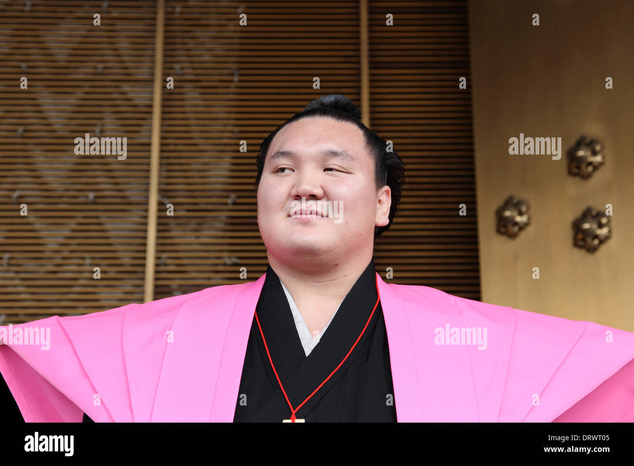 Tokyo, Japan. 3rd Feb, 2014. Mongolian sumo grand champion HAKUHO attends the annual Bean-Throwing Festival at Narita-san Fudoson Temple on February 3, 2014 in Narita, Japan. Credit:  Koichi Kamoshida/Jana Press/ZUMAPRESS.com/Alamy Live News Stock Photo