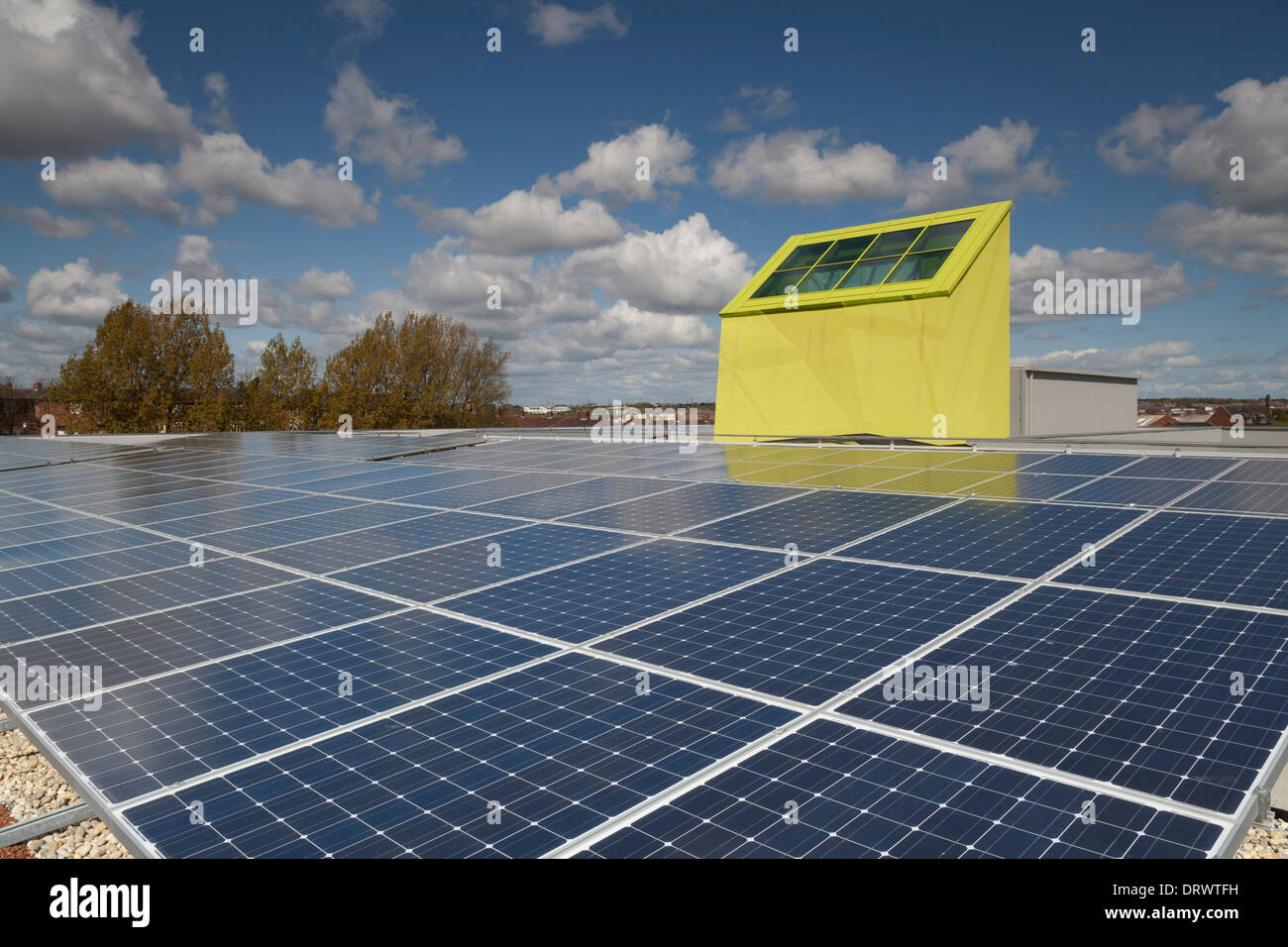 Solar Panels on the roof of One Trinity Green, South Shields - new managed workspace for new and growing companies Stock Photo