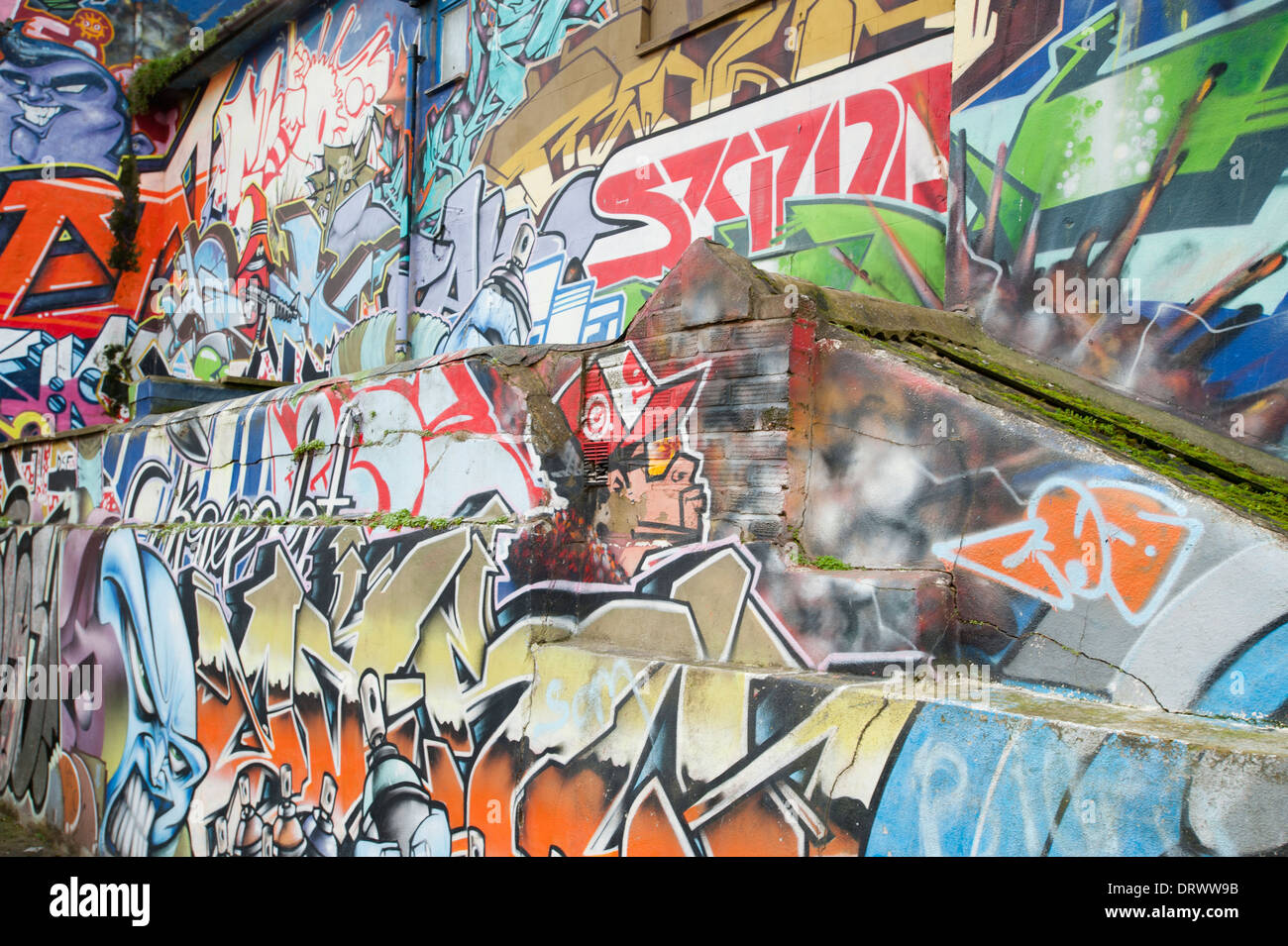 Collection of graffiti on a wall in the North Lanes area of Brighton, Sussex, England, UK. Stock Photo