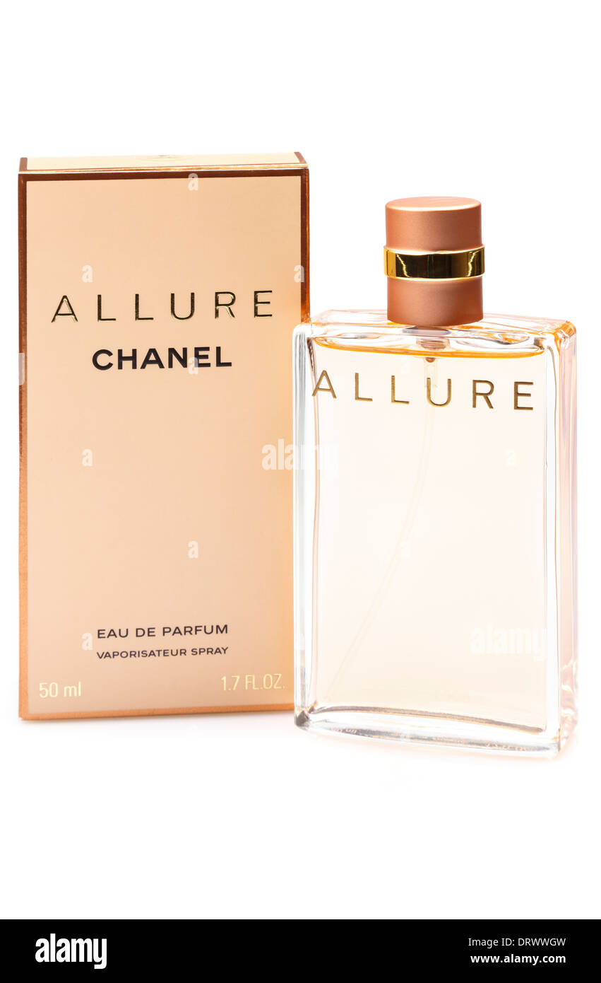 Bottle of Women's Chanel Allure Eau de Parfum perfume vapourising spray  size 50 ml with box isolated on a plain white background Stock Photo - Alamy