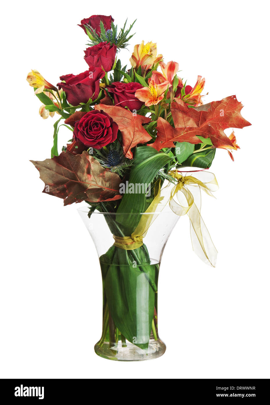 Floral bouquet of roses and lilies arrangement centerpiece in glass vase isolated on white background. Closeup. Stock Photo