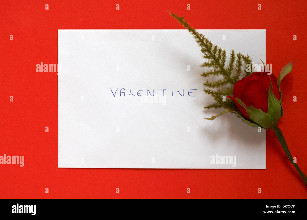 red rose with Valentine envelope card for Valentines day set on red ...