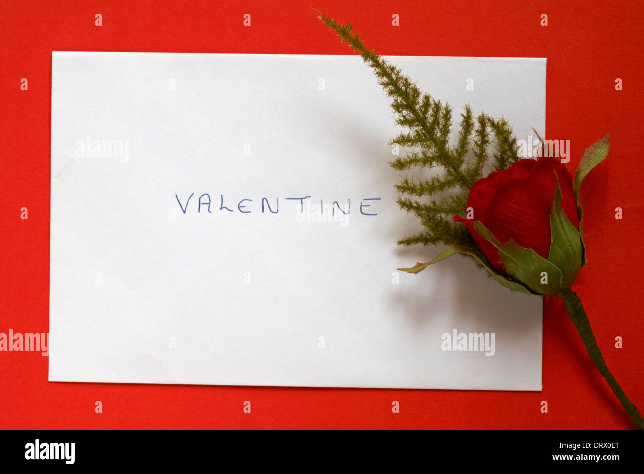 red rose with Valentine envelope card for Valentines day set on red ...