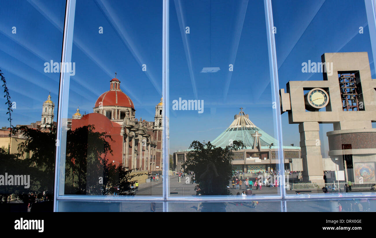 Reflection of the Basilica de Guadalupe in a window, Mexico City Stock Photo