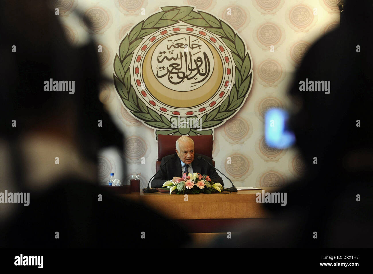 Cairo, Cairo, Egypt. 3rd Feb, 2014. Arab League Secretary General Nabil al-Arabi speaks during a press conference after he returned from Switzerland where he attended the so-called Geneva II peace talks on February 3, 2014 in Cairo. Al-Arabi said that he ''regrets that the first round of negotiations held over a week did not produce anything tangible on the ground Credit:  Mohammed Bendari/APA Images/ZUMAPRESS.com/Alamy Live News Stock Photo