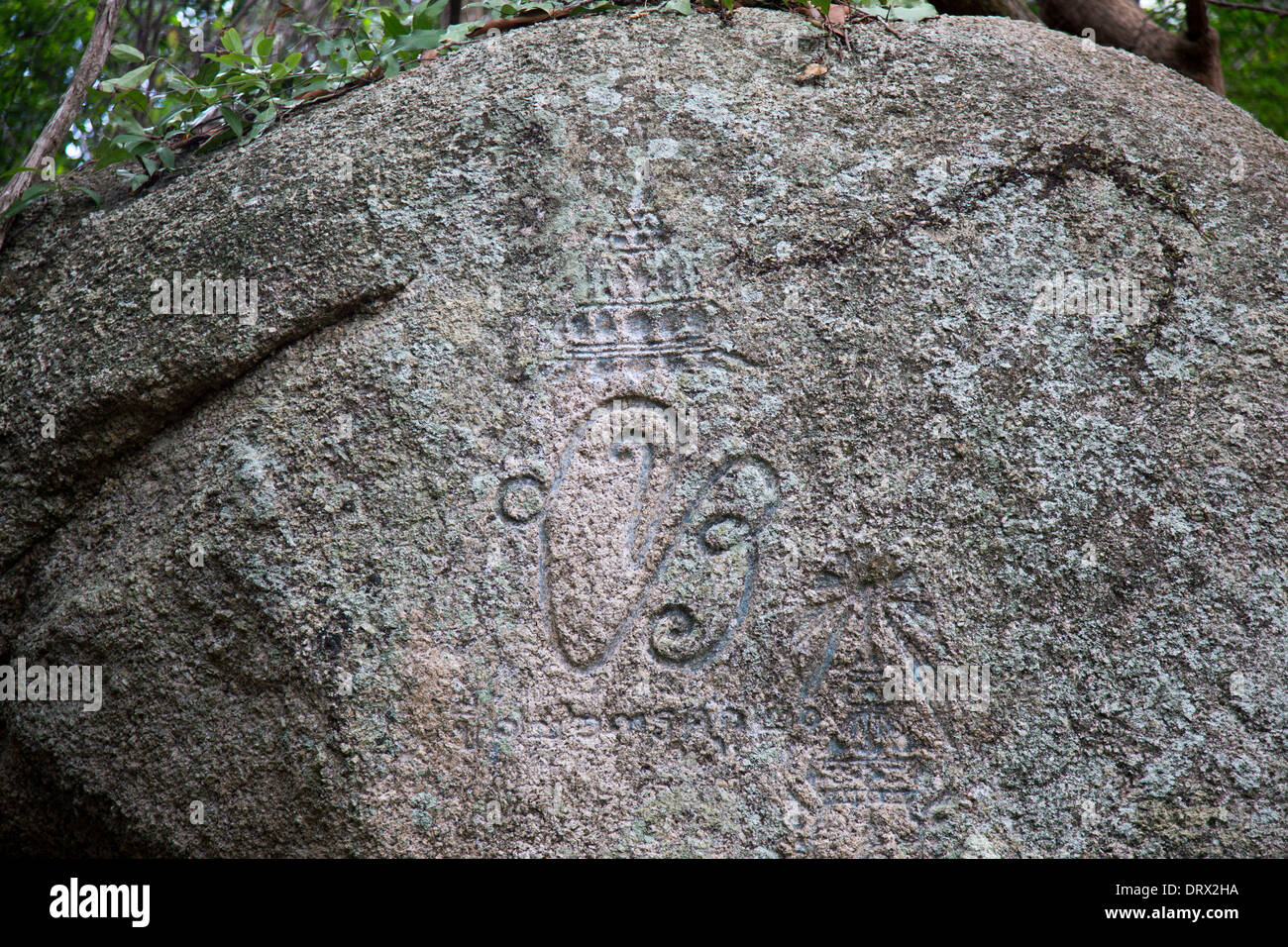 Inscription of King Prachathimpok, Rama VII, Nam Tok Than Sadet waterfall, Ko Pha Ngan island, Thailand Stock Photo