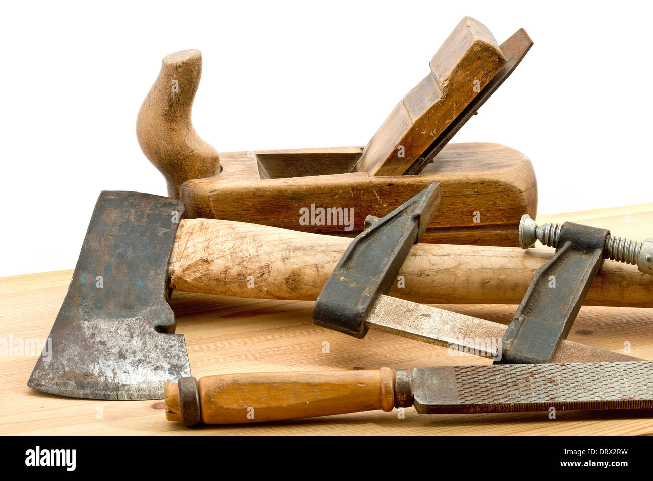 old used tools on the wooden desk Stock Photo