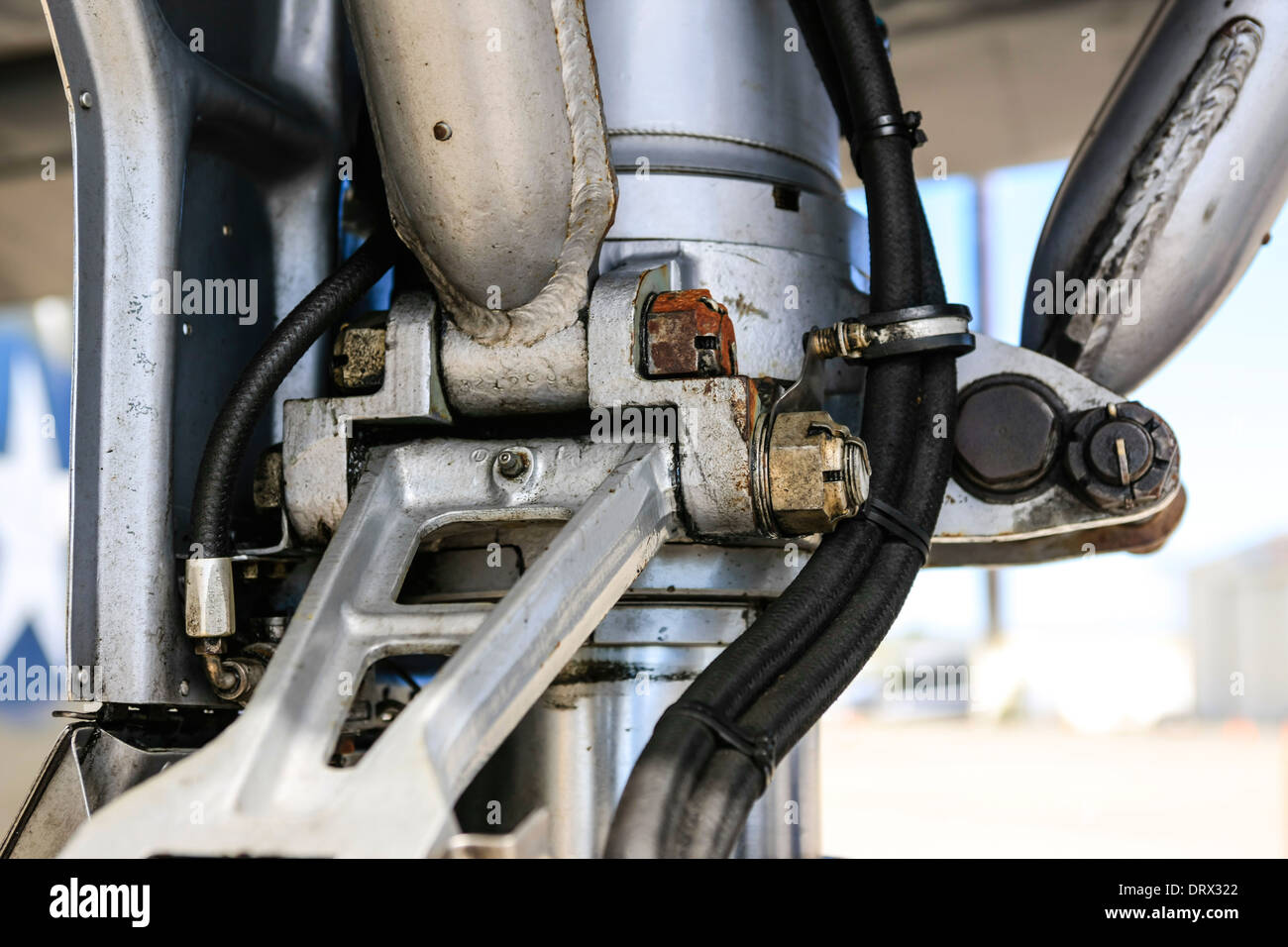 The Main undercarriage strut showing the hydrolics and joints of a B24 Liberator WW2 bomber plane Stock Photo